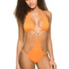 Frankies Bikinis April Ribbed Halter Monokini One Piece Swimsuit 1 Frankies Bikinis April Ribbed Halter Monokini One Piece Swimsuit -Shoreline Trendy 12387PL One Piece Swimsuit Papaya Front