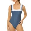 Textured Over The Shoulder One Piece Swimsuit -Shoreline Trendy 13001 One Piece Swimsuit Linen Front