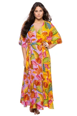 Farm Rio Mixed Beaks & Bananas Maxi Wrap Dress
