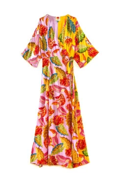 Farm Rio Mixed Beaks & Bananas Maxi Wrap Dress -Shoreline Trendy 303124 Apparel Dress Multi Laydown