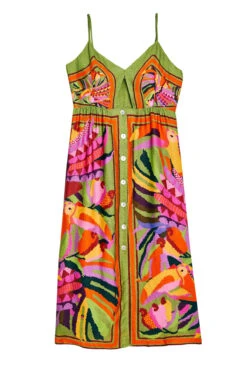 Farm Rio Toucans Scarf Midi Dress -Shoreline Trendy 303966 Apparel Dress Toucans Scarf Laydown