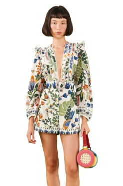 Farm Rio Summer Garden Romper -Shoreline Trendy 306382 Apparel Romper Summer Garden Sand Front2