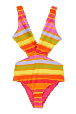 Farm Rio Shiny Stripes One Piece Swimsuit -Shoreline Trendy 307149 One Piece Swimsuit Shiny Stripes Laydown