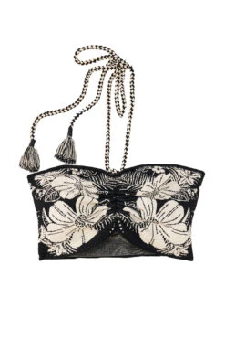 Farm Rio Macaw Elegance Halter Crop Top -Shoreline Trendy 311567 Apparel Top Macaw Elegance Black Laydown