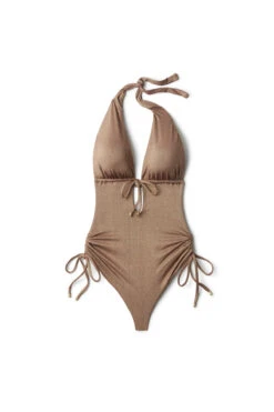 Brena Maillot Halter One Piece Swimsuit 9 Brena Maillot Halter One Piece Swimsuit -Shoreline Trendy 31MBZM One Piece Swimsuit Bronze Metallic Laydown