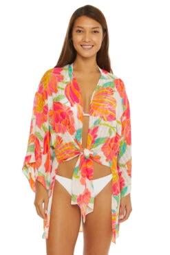Poppy Tie-Front Beach Shirt -Shoreline Trendy 3733935 Apparel Top White Multi Front 2
