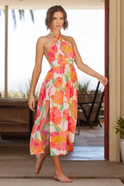 Poppy High Neck Midi Dress -Shoreline Trendy 3736135 Apparel Dress White Multi Lifestyle