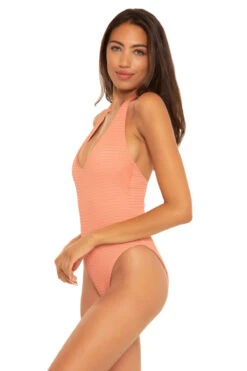 High Leg Plunge Halter One Piece Swimsuit 8 High Leg Plunge Halter One Piece Swimsuit -Shoreline Trendy 4711024 One Piece Swimsuit Cantaloupe Side