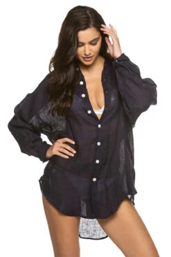 Playa Button Down Shirt Dress -Shoreline Trendy 8NLSEGMD Apparel Top Midnight EcoLinen Gauze Front1