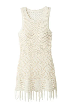 Fringe Crochet Tunic -Shoreline Trendy ALSN NEUTRAL TAN Tunics Laydown 92175