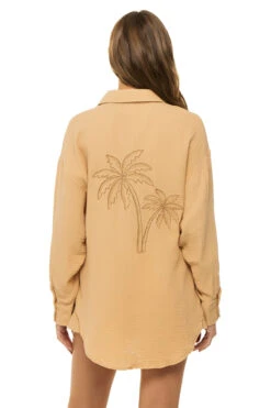 Palm Tree Shirt Dress -Shoreline Trendy B11189 Apparel Top Honey Peach W Bronze Back
