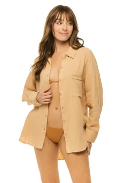 Palm Tree Shirt Dress -Shoreline Trendy B11189 Apparel Top Honey Peach W Bronze Front1