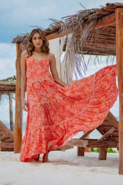 Exotic Elegance Maxi Dress -Shoreline Trendy CL22548C Apparel Dress Mandarina Tangerine Lifestyle