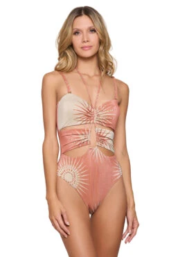 Metallic Cutout One Piece Swimsuit 9 Metallic Cutout One Piece Swimsuit -Shoreline Trendy CL23262M One Piece Swimsuit Canyon Sunset Front