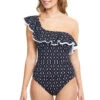 Ruffle Asymmetrical One Piece Swimsuit -Shoreline Trendy E2304 2061 One Piece Swimsuit Navy Wh Front