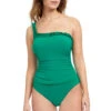 Frill Me Asymmetrical One Piece Swimsuit 1 Frill Me Asymmetrical One Piece Swimsuit -Shoreline Trendy E2309 2061 One Piece Swimsuit Teal Front