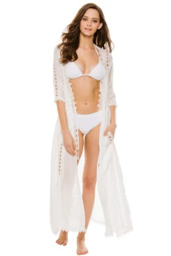 ELAN Crochet Long Cover Kimono -Shoreline Trendy ELA WHITE WH Kimonos Front 93553