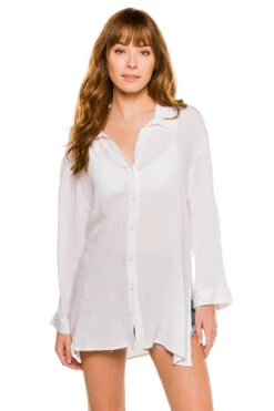 ELAN Button Down Shirt Dress -Shoreline Trendy ELA WHITE WH Shirt20Dresses Front2 99832