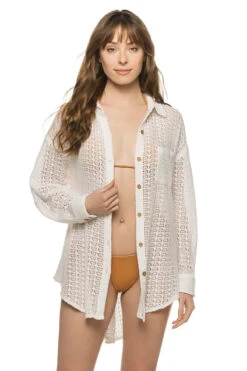 Crochet Button Up Shirt Dress -Shoreline Trendy G11043 Apparel Top White Front1