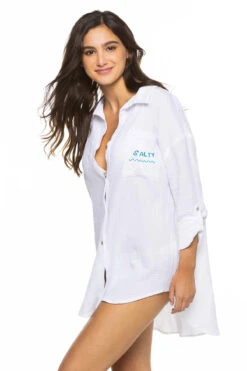 Good Vibes Embroidered Shirt Dress -Shoreline Trendy GSG01 Apparel Top Wht Salty Front2