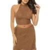 ELAN Crochet Halter Crop Top -Shoreline Trendy HHC11035 Apparel Top Brown Front