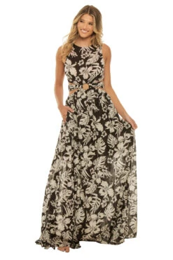 Idris Cutout Maxi Dress -Shoreline Trendy HS23 PCG968 Apparel Dress Black Ivory Front1