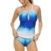 Ombre Keyhole High Neck Tankini Top 2 Ombre Keyhole High Neck Tankini Top -Shoreline Trendy LB2LF77 Tankini Top Sapphire Front