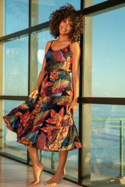 Sunlit Soiree Tiered Midi Dress -Shoreline Trendy LB3VH67 Apparel Dress Multi Lifestyle