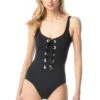 MICHAEL Michael Kors Lace Up One Piece Swimsuit -Shoreline Trendy MM3Q456 Bikini Top Black Front