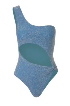 Nikka Metallic Asymmetrical One Piece Swimsuit -Shoreline Trendy NIKKA ONE PIECE One Piece Swimsuit Glossy Blue Laydown