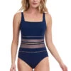 Metallic Mesh One Piece Swimsuit -Shoreline Trendy OO 172A One Piece Swimsuit Navy Gold Front