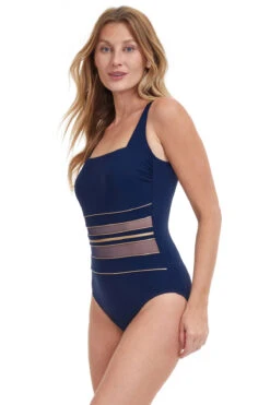 Metallic Mesh One Piece Swimsuit -Shoreline Trendy OO 172A One Piece Swimsuit Navy Gold Side