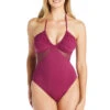 Mesh Halter One Piece Swimsuit -Shoreline Trendy RBDM23241 One Piece Swimsuit Pomegranate Front