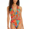 The Heat Is On Plunge Halter One Piece Swimsuit -Shoreline Trendy RBHT23223 One Piece Swimsuit Multi Front