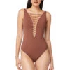 Lace Up Plunge One Piece Swimsuit -Shoreline Trendy RBKN22232 One Piece Swimsuit Chocolate Truffle Rose Gold Front