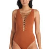 Lace Up Metallic Plunge One Piece Swimsuit -Shoreline Trendy RBKN23232 One Piece Swimsuit Cinnamon Front