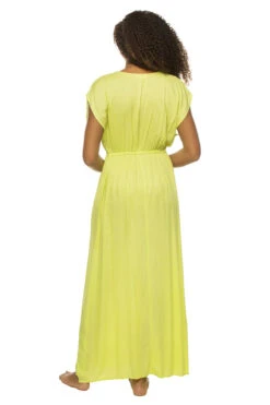 ELAN Deep V Adjustable Waist Caftan -Shoreline Trendy RY5014 Apparel Dress Lime Back