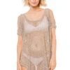 Sheer Cold Shoulder Tunic -Shoreline Trendy SCT 17036 Apparel Top Taupe Front