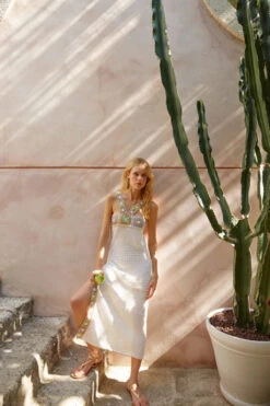 Crochet Patchwork Midi Dress -Shoreline Trendy SS23CD07 Apparel Dress Snow White Lifestyle