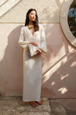 Star V-Neck Caftan -Shoreline Trendy SS23FK23 Apparel Dress Snow White Lifestyle