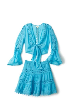 ELAN Crochet Tie Front Crop Top -Shoreline Trendy VCL10545 Apparel Top Aqua Laydown