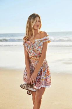 Galia Smocked Mini Skirt -Shoreline Trendy WGLS23U7AQO Apparel Bottom Orange Aquarelle Lifestyle